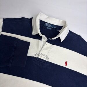 Vtg Polo Ralph Lauren Mens Rugby Shirt XXL Pony Logo Blue White Striped Preppy